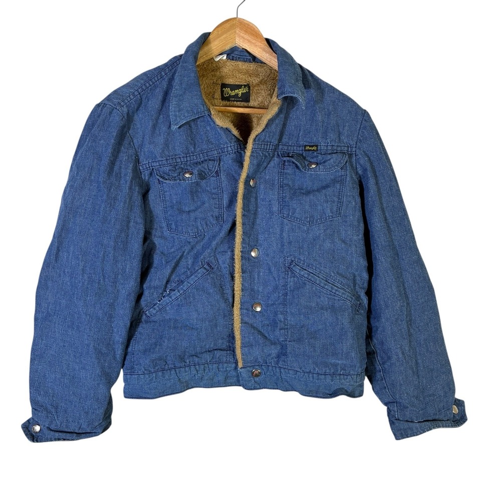 Vintage Wrangler Faux‎ Fur Lined Denim Jacket Mens 40 Medium Wash Western Cowboy